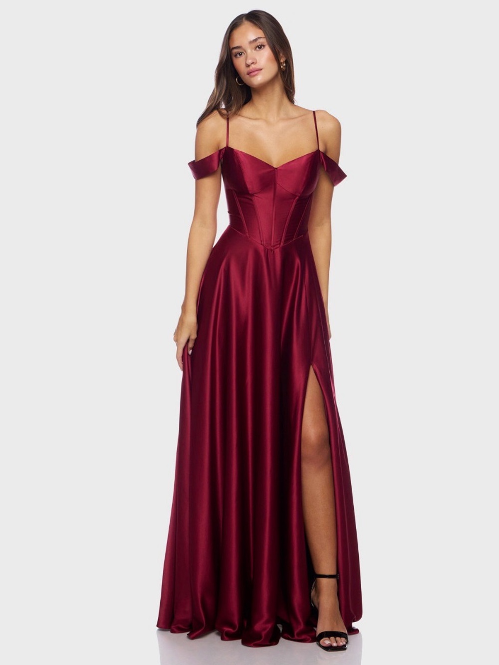 B. Darlin Off-Shoulder Wine Red Burgundy Satin Evening Gown